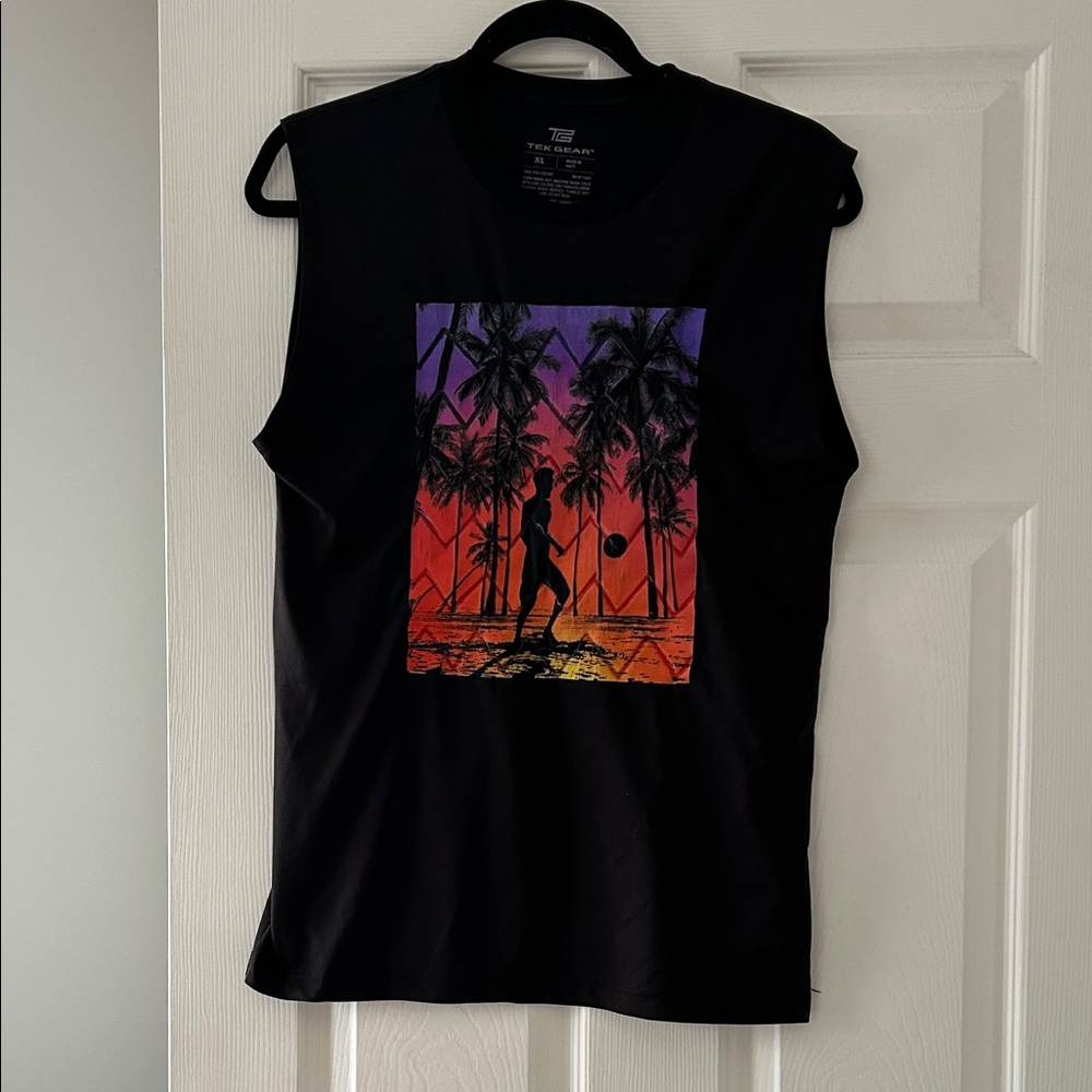 Tek Gear Black Tank Top with Tropical Sunset Design